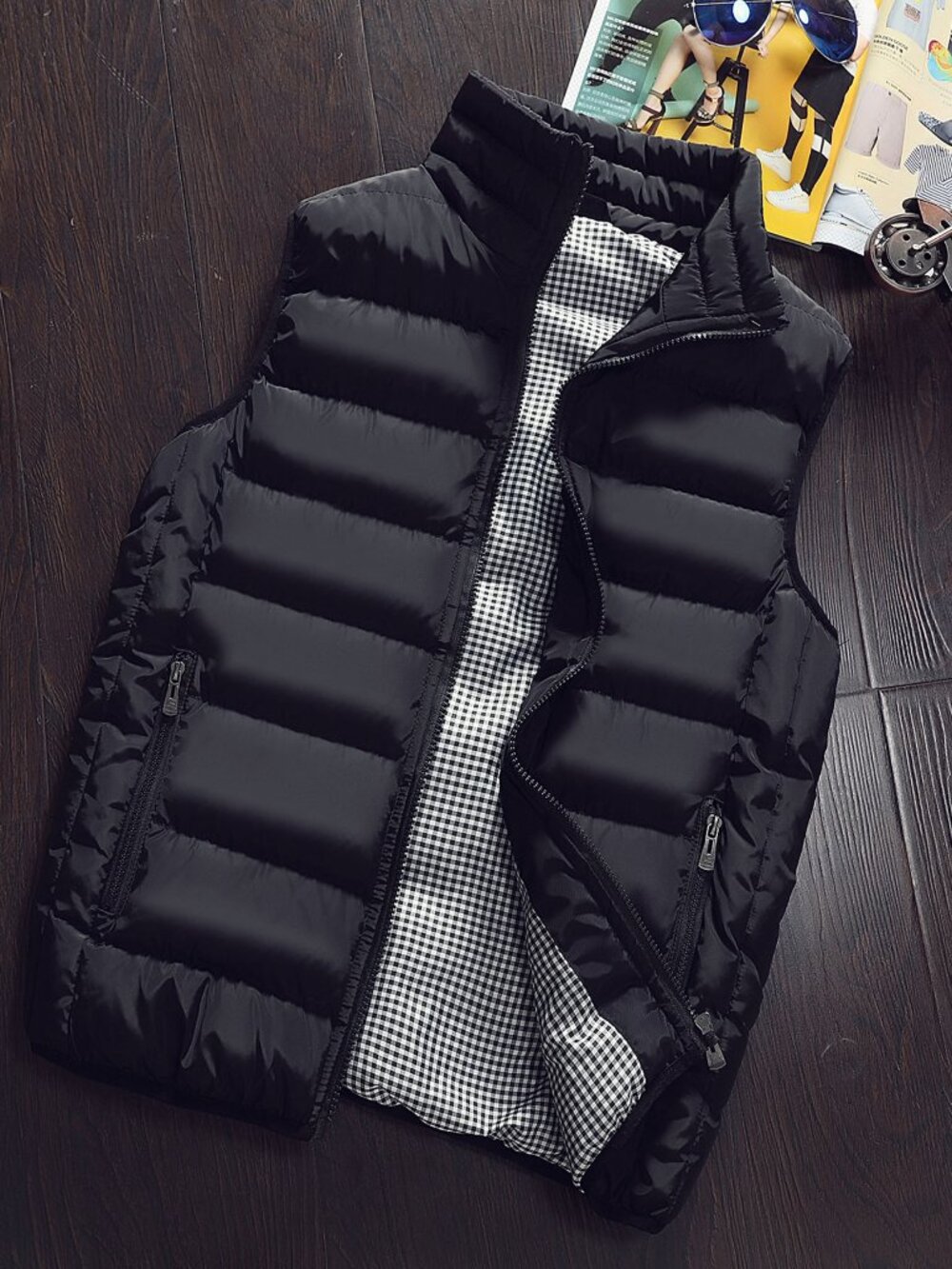 Black Casual Men's Quilted Zip-Up Vest Jacket